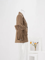 Women's Brown Blazer with Pleated Knotted Sleeves