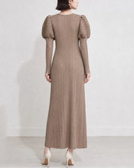 Puff Sleeve Plissé Midi Dress