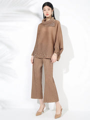 Elegant Beaded Plissé Pleated Sweater & Pant Set