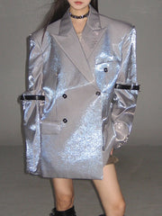 Women's Pearly Metallic Silver Oversized Blazer