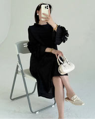 Luxe Floral-Sleeve Pleated Dress