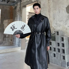 Men's Classic Black Faux Leather Trench Coat