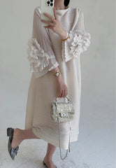 Luxe Floral-Sleeve Pleated Dress