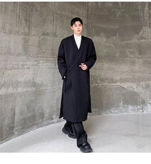 Men's Black Kimono Wrap Wool Long Coat