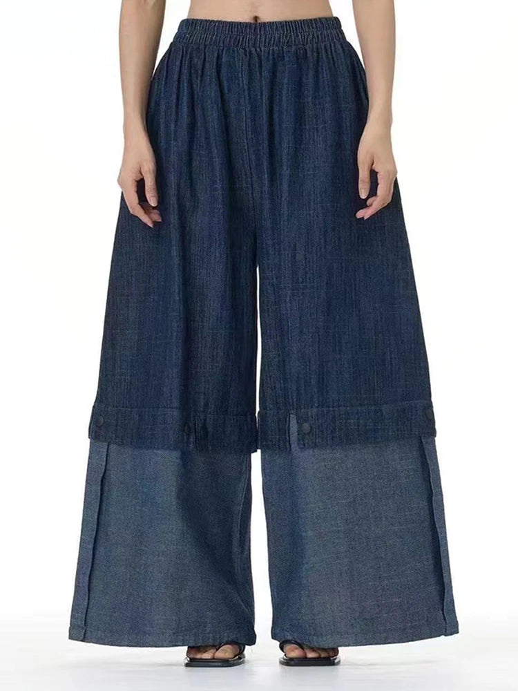 Cotton Denim Wide-Leg Pants with Elastic Waistband