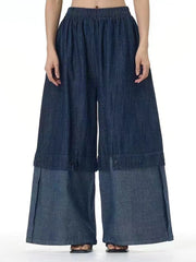 Cotton Denim Wide-Leg Pants with Elastic Waistband