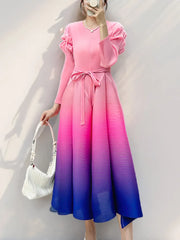 Women's Ombre Pleated Puffy Sleeve Dress