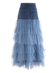 Luxe Denim and Tulle Ruffled Long Skirt