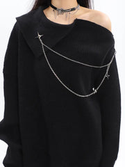 Irregular Collar Sweater with a Brooch Chain Detail