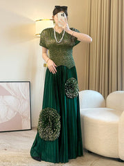 Metallic Top and Floral Pleated Plisse Skirt Set