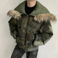 Men's Streetwear Camo Faux Fur Hood Jacket