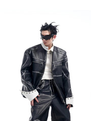 Men's 2 Piece Faux Leather Zip Jacket & Pants Set