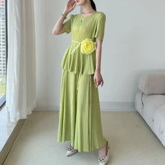 Flowy Pleated Blouse & Skirt Set