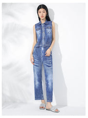 Plissé Pleated Denim-Inspired Pants Set