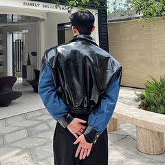 Men's Faux Leather & Denim Cropped Jacket | Luxury Streetwear