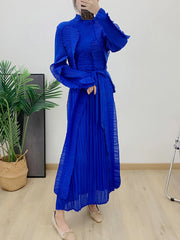 Plissé Pleated Chiffon Long Sleeve Midi Dress