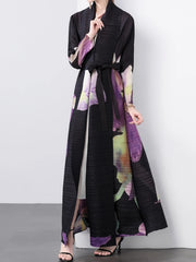 Women's Luxe Pink Floral Pleated Long Coat