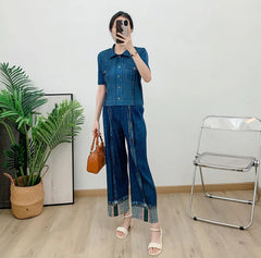 Plissé Pleated Denim-Inspired Shirt & Pants