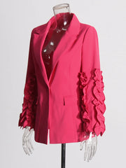 Women's Ruffled Blazer & Flare Pants 2-Piece Suit Set