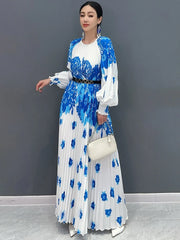 New! Blue Floral Elegant Pleated Midi Dress