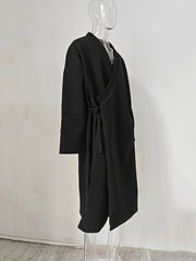 Men's Black Kimono Wrap Wool Long Coat