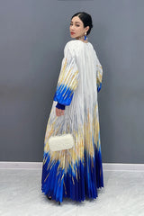 Women's Chic Blue & Gold Midi Dress - Puff Sleeves