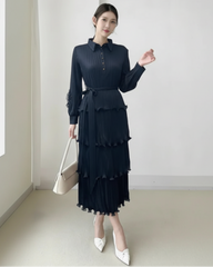 Ruffle Plissé Midi Dress