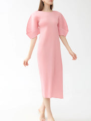 Elegant Puff Sleeve Japanese Pleated Midi Dress