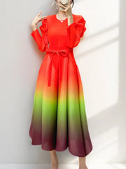 Women's Ombre Pleated Puffy Sleeve Dress