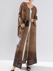 Women's Good Luck Cranes Brown Pleated Long Coat