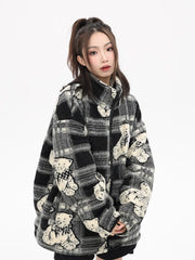 Cozy Lambswool Coat with Bear Pattern Collar