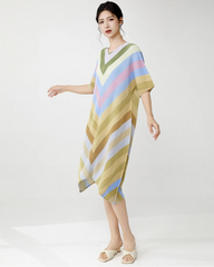 Plisse Asymmetric Stripe Dress