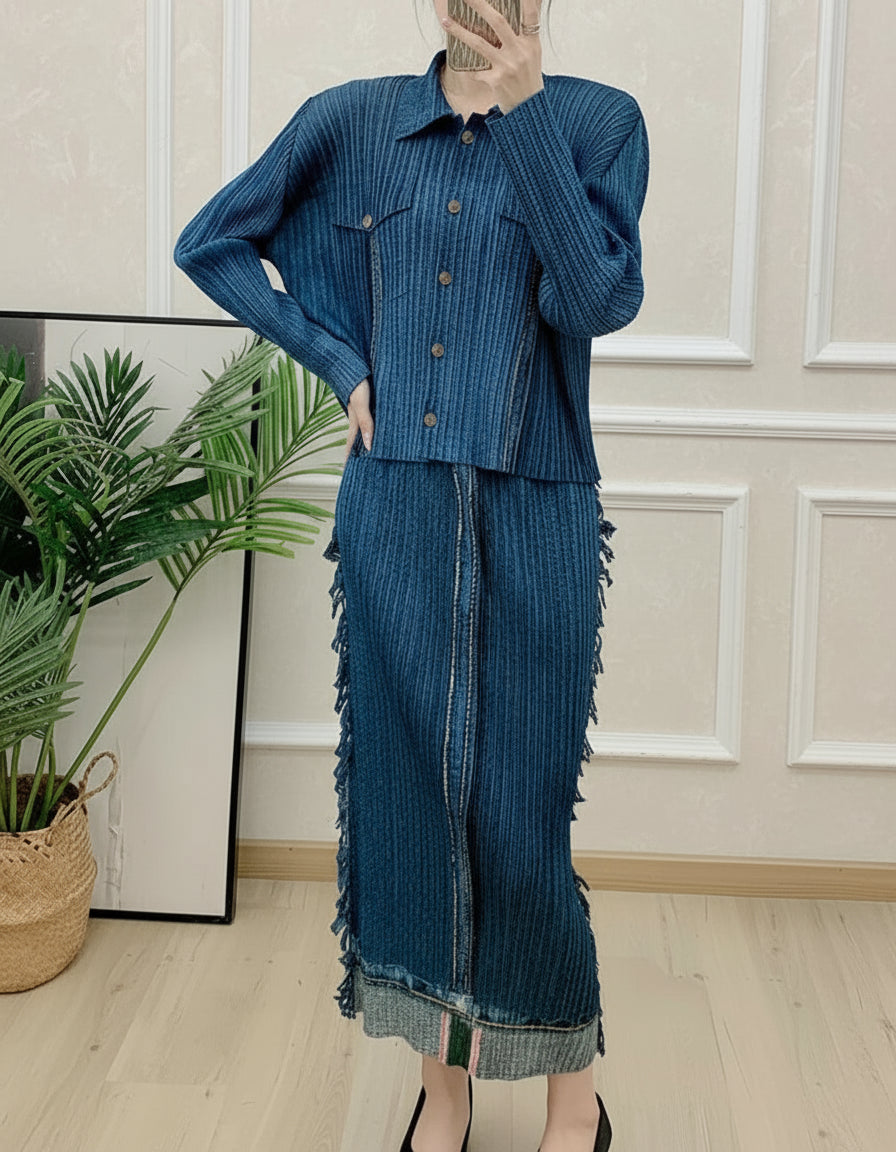 Luxury Denim Plissé Skirt Set