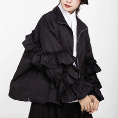 Women's Luxe Black Oversized Ruffled Jacket