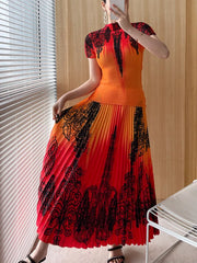 Orange & Red Ombre Pleated Midi Skirt Set