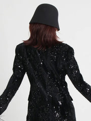 Women's Black Sequin Feather Boyfriend Blazer