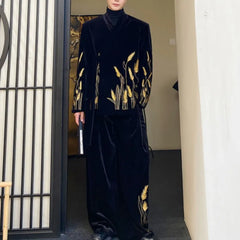 Black Velvet 2 Piece Embroidery Pants Set for Men's