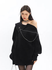 Irregular Collar Sweater with a Brooch Chain Detail