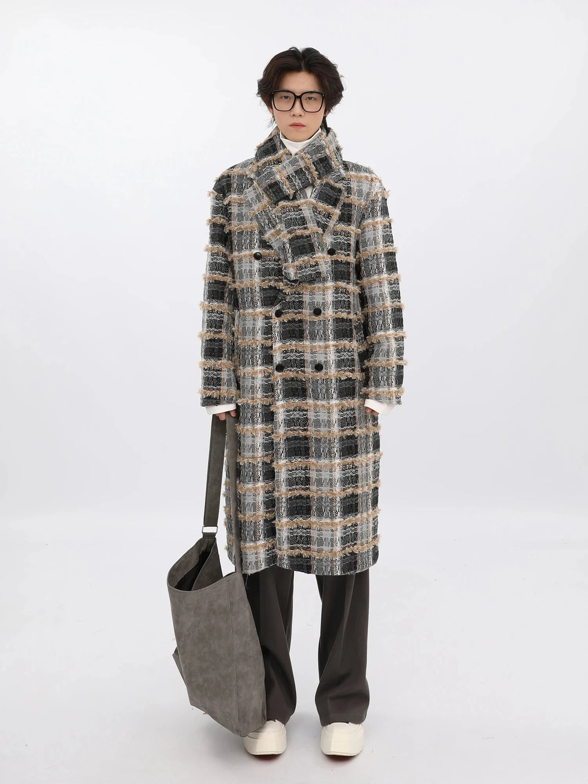 Men's Tailored Tweed Plaid Long Coat