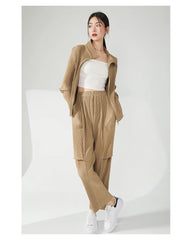 Women's 2 Piece Casual Pleated Jacket and Pants Set