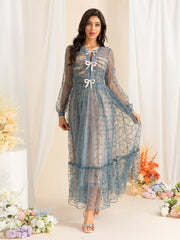 Elegant Blue Embroidered Mesh Long Dress