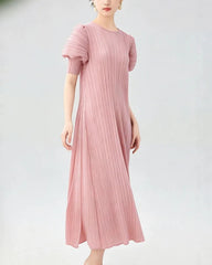 Unique Puff-Sleeve Pleated Dress