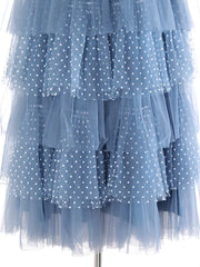 Luxe Denim and Tulle Ruffled Long Skirt