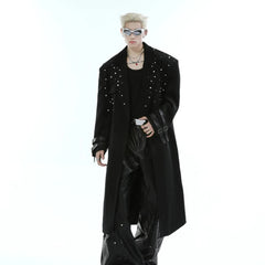 Men's Extra Long Black Trench Coat with Pearls