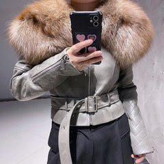 Leather Moto Jacket for Women - Real Fox Fur Trim