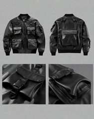 Men's Black Faux Leather Multi-Pocket Cargo Jacket