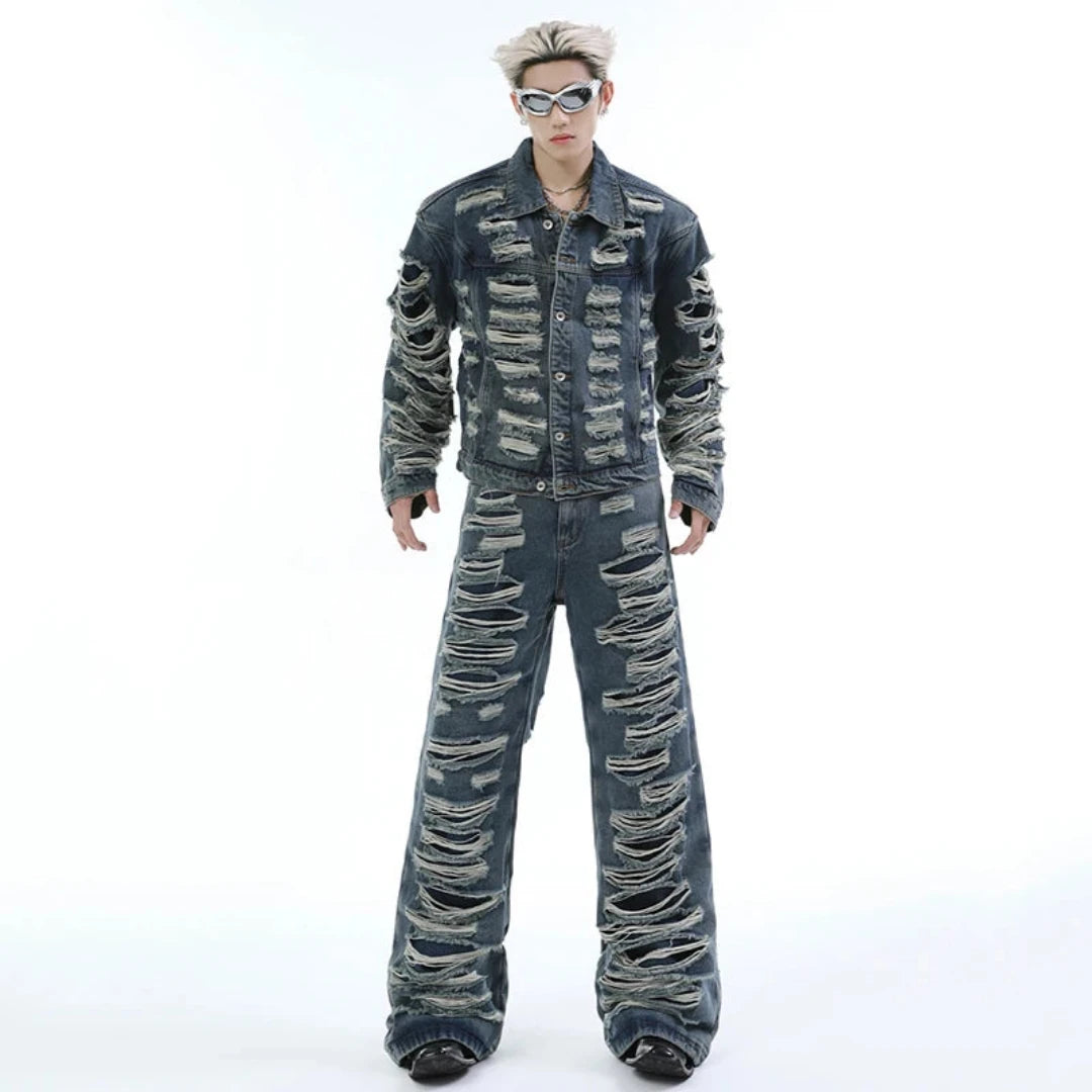 Men's 2 Piece Ultra Distressed Stacked Jeans & Jacket Set