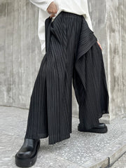 Asymmetric Wide-Leg Pleated Elastic Waist Trousers