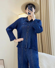 Modern Pleats Denim Wide-Leg Set