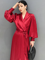 Women's Silk Elegant Red Ruffle Midi Dress